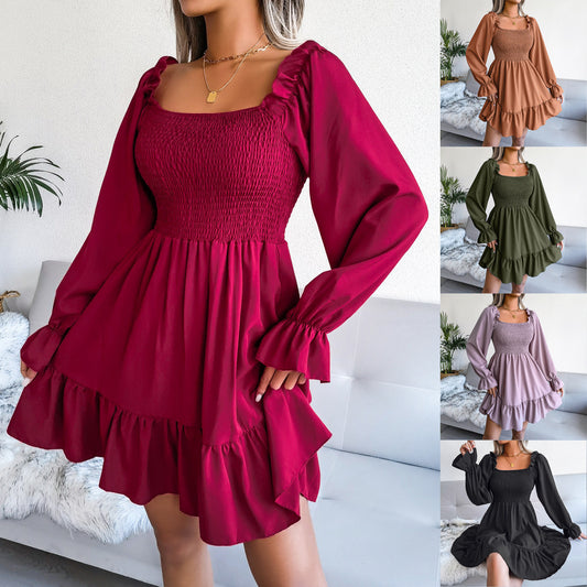 Flared Long Sleeve Dresses - Women Square Neck Ruffled Swing Dress