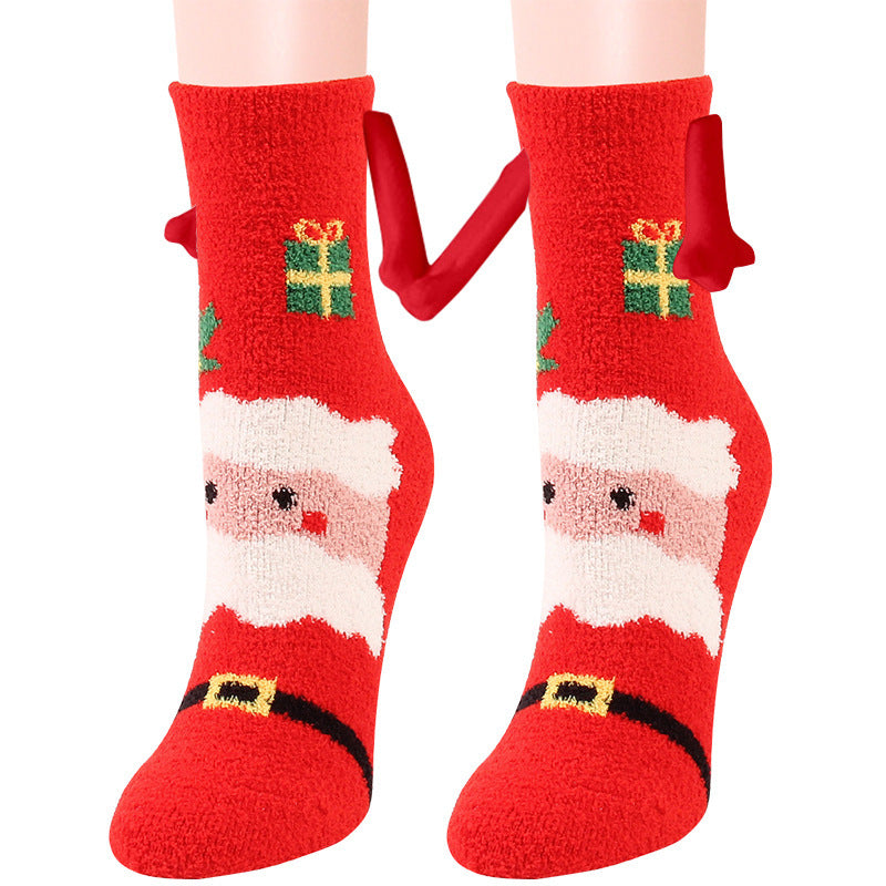 Christmas Supplies Magnetic Suction Hand In Hand Couple Socks - Coral Fleece Tube Socks Warm Slipper Bed Socks Winter Soft Warm Slipper