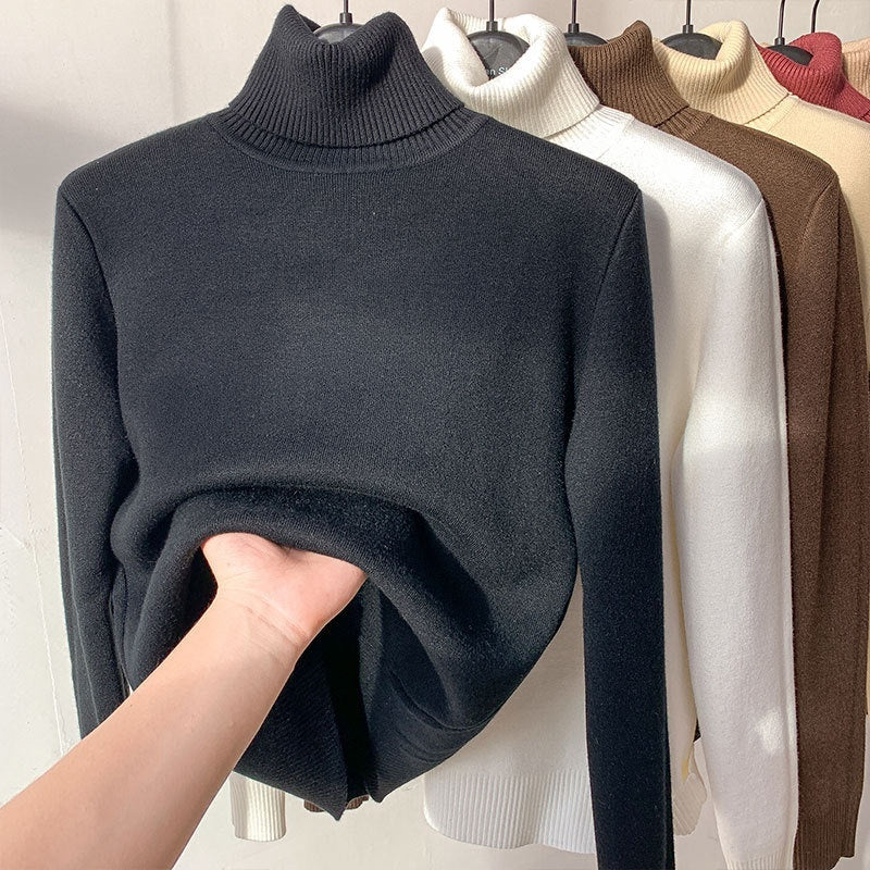 Turtle Neck Winter Sweater - Women Elegant Thick Warm Female Knitted Pullover Loose Basic Knitwear