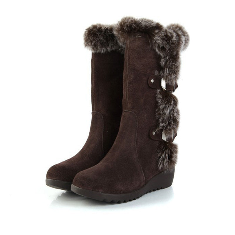 Brown New Winter Women Casual Warm Fur Mid-Calf Boots -  Women Slip-On Round Toe Flats, Snow Boots Shoes