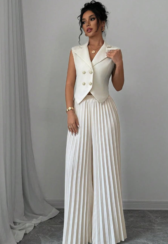 Summer Sleeveless Suit - Fashion Lapel Button Vest Top And Pleated Straight Pants Women's Trousers Set Clothing