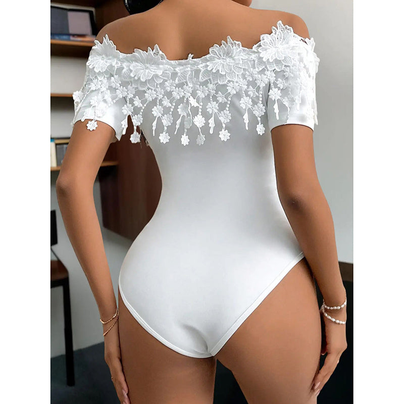Sexy Lace design Body Suit - Women's Off Shoulder Short Sleeve Bodysuit Sexy Lace Bodycon Top
