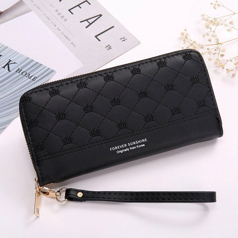 Long Crown Embroidery Thread Single Zip Clutch Women's Wallet