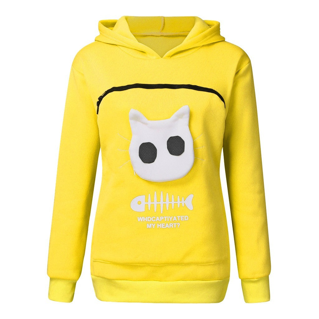 Women Hoodie Sweatshirt With Cat Pet Pocket Design - Long Sleeve Sweater Cat Outfit