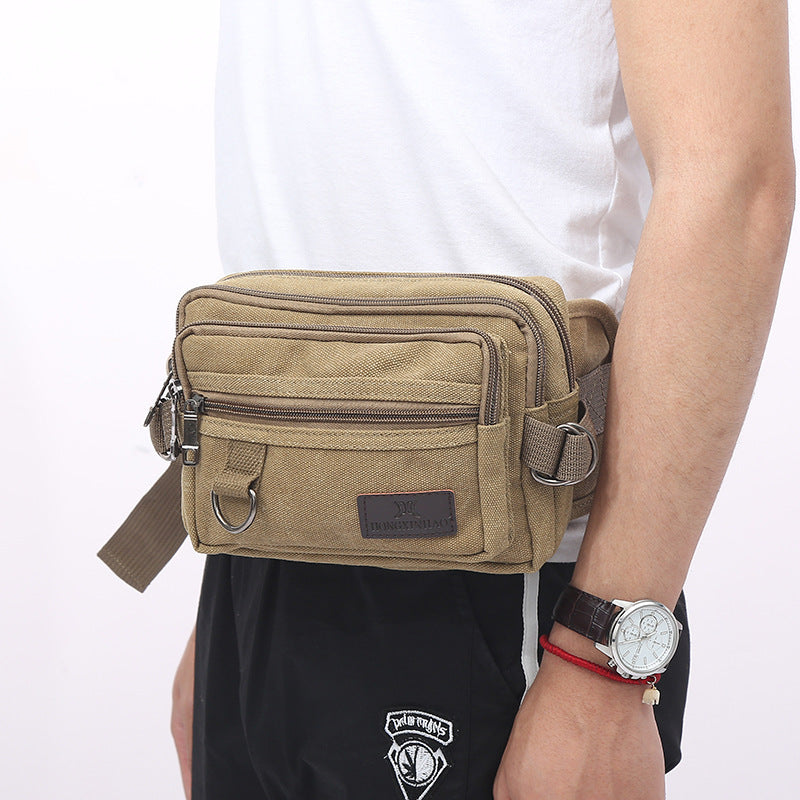 Canvas Fanny Pack With 4-Zipper Pockets - Men Waist Bag For Outdoors Workout Traveling Casual Running Hiking Cycling
