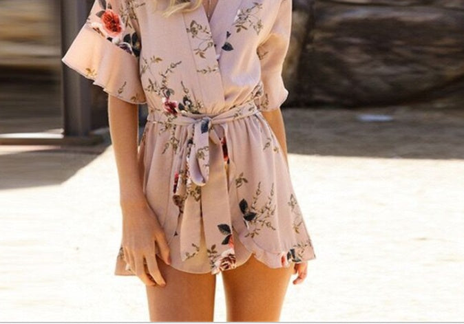 Women Floral Print Jumpsuits - Beach Romper