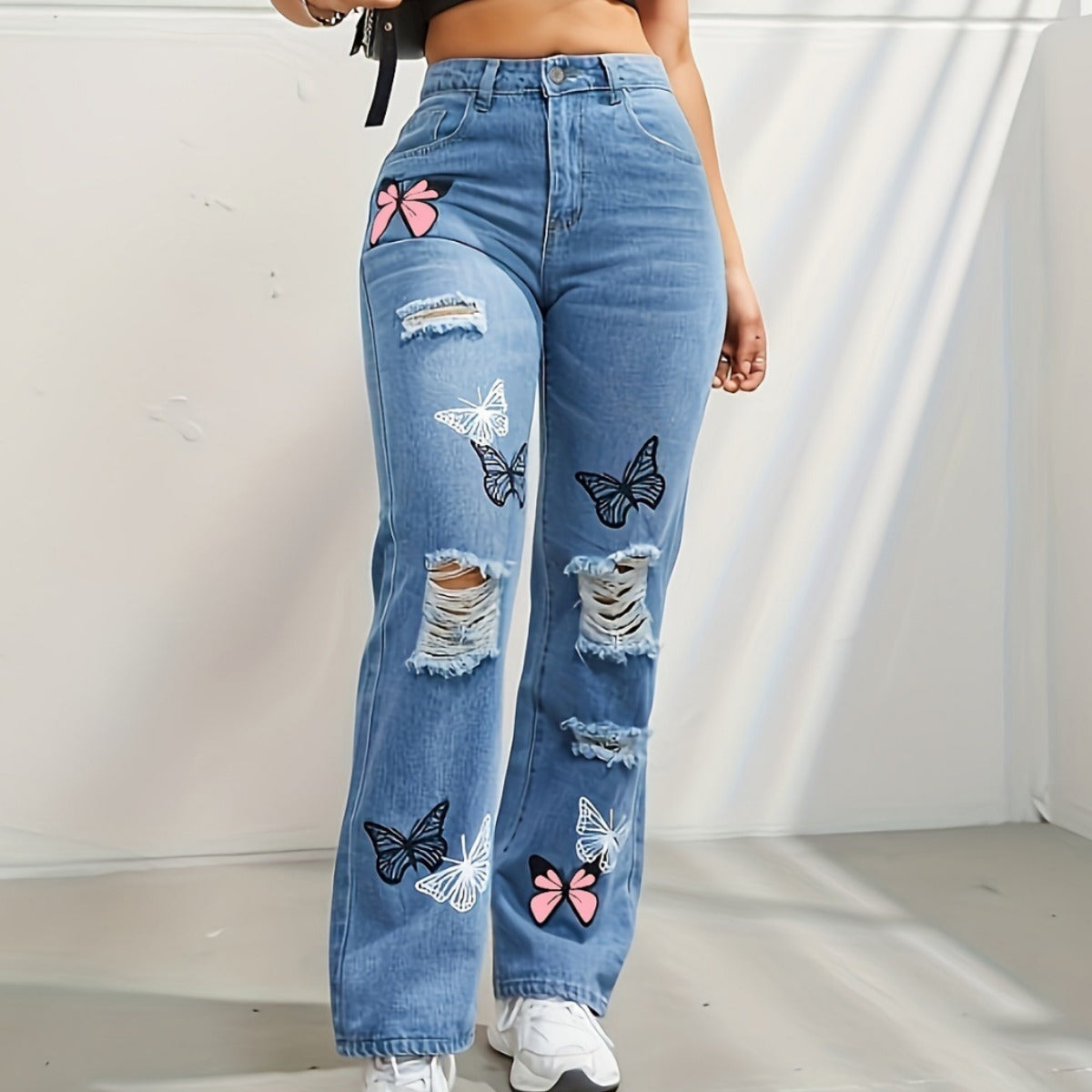 Butterfly Bliss High-Waisted Ripped Jeans – Trendy & Chic!  High Waisted Straight Leg Jeans For Women Trendy Butterfly Print Ripped Distressed Denim Pants - JumoShop