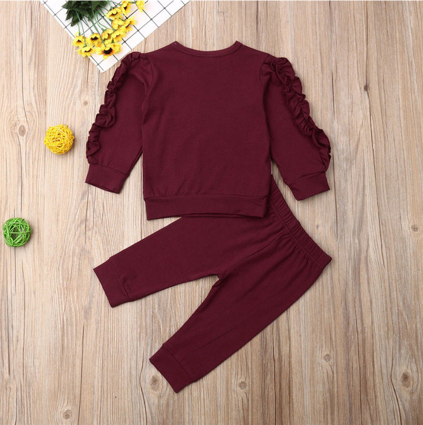 Adorable Ruffle Sleeve Baby Girl Outfit – Cozy & Stylish 2-Piece Set! Newborn Baby Boys Girls Ruffles Jumper Solid Long Sleeve Sweatshirt Tops Pants Infant Kids 2Pcs Outfits Clothes Set Fall Clothes - JumoShop