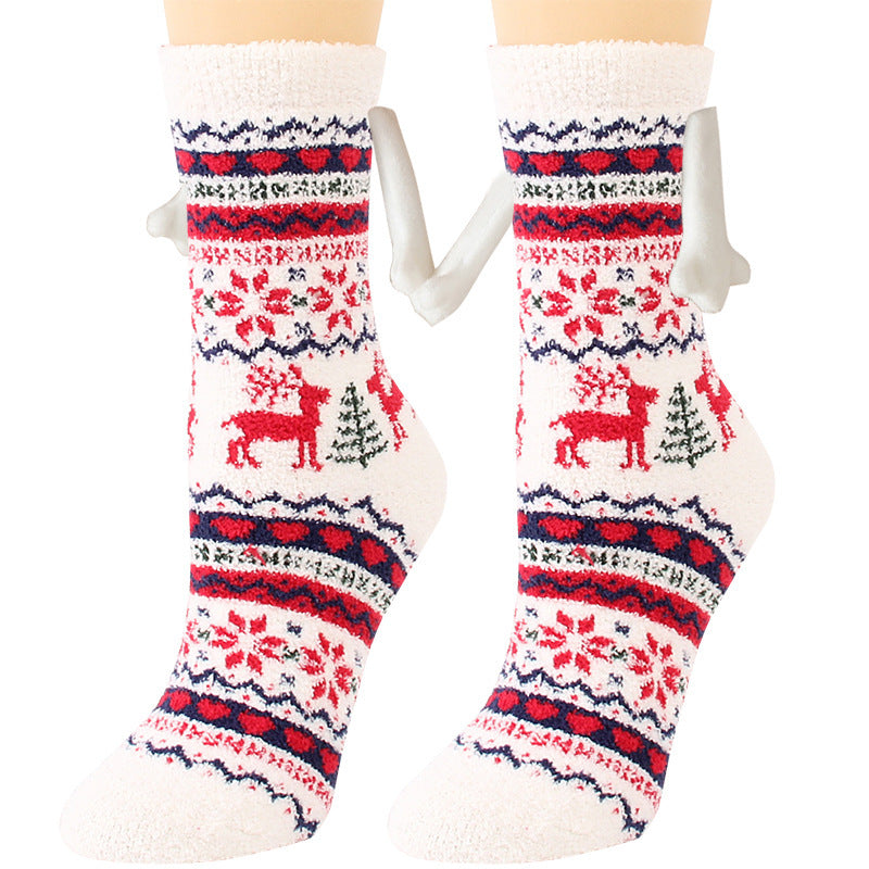 Christmas Supplies Magnetic Suction Hand In Hand Couple Socks - Coral Fleece Tube Socks Warm Slipper Bed Socks Winter Soft Warm Slipper