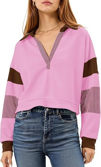 Fashionable Women's Long Sleeve Crop Tops - V Neck Color Block Casual Loose Pullover Cropped Sweatshirt