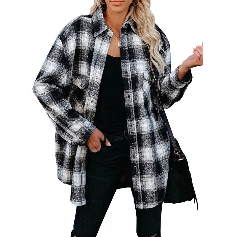Plaid Spring Mid-length Loose Blouse - Turndown Collar Shirt Clothing
