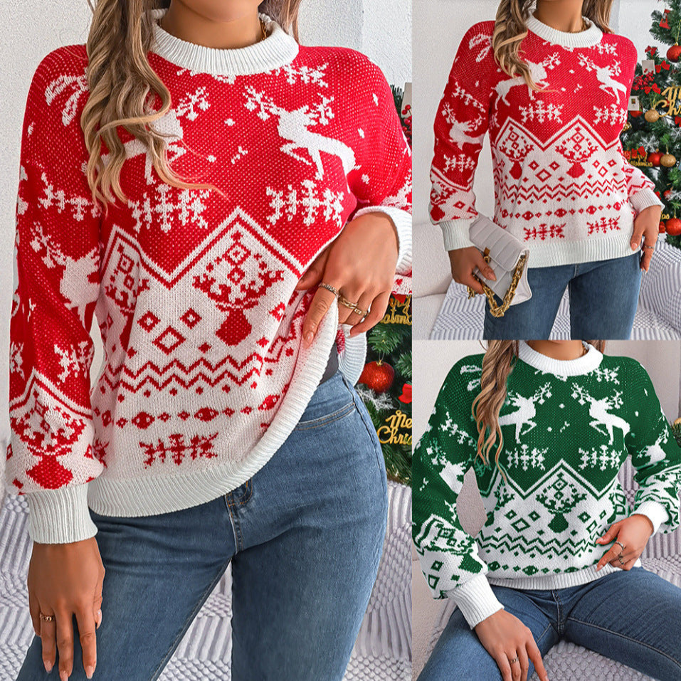 Autumn Winter Casual Deer Pattern Long Sleeve Sweater - Christmas Knitted Pullover Sweatertops