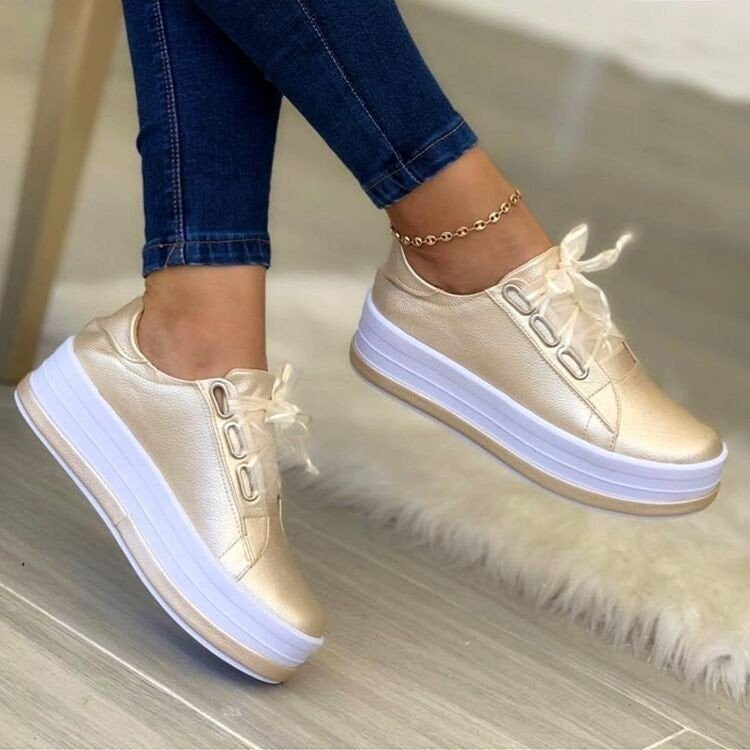 Fashion Flats Sneakers for Women - Ribbon Lace-up Platform Shoes