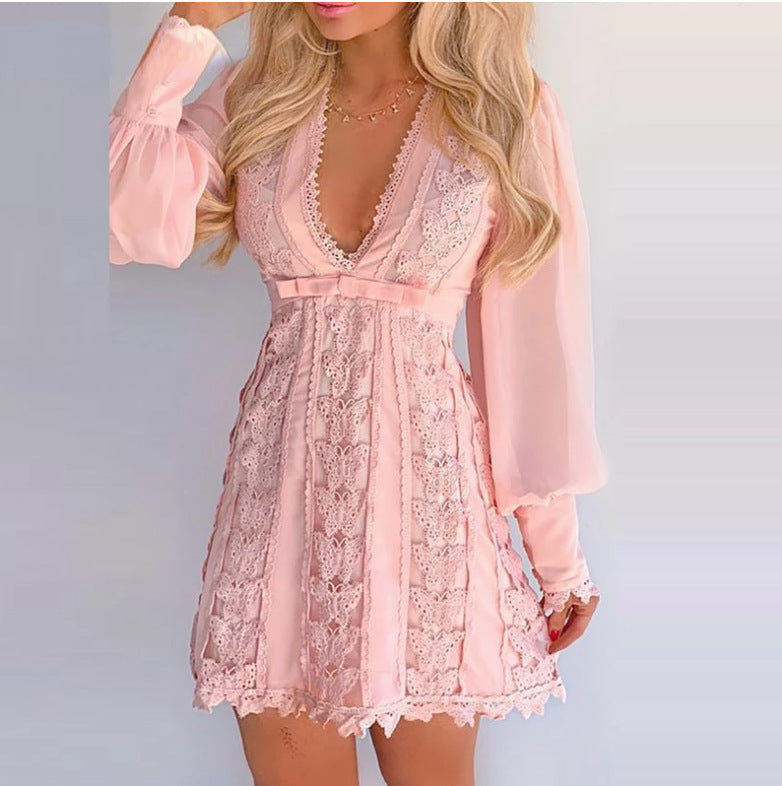 White Sexy V Neck Lace Dress Long Puff Sleeve Butterfly Dress