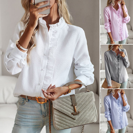 Striped Long Sleeve Shirt - Fashion Ruffle Design Button Up Tops Casual Office Blouse Elegant Commuting Women's Clothing