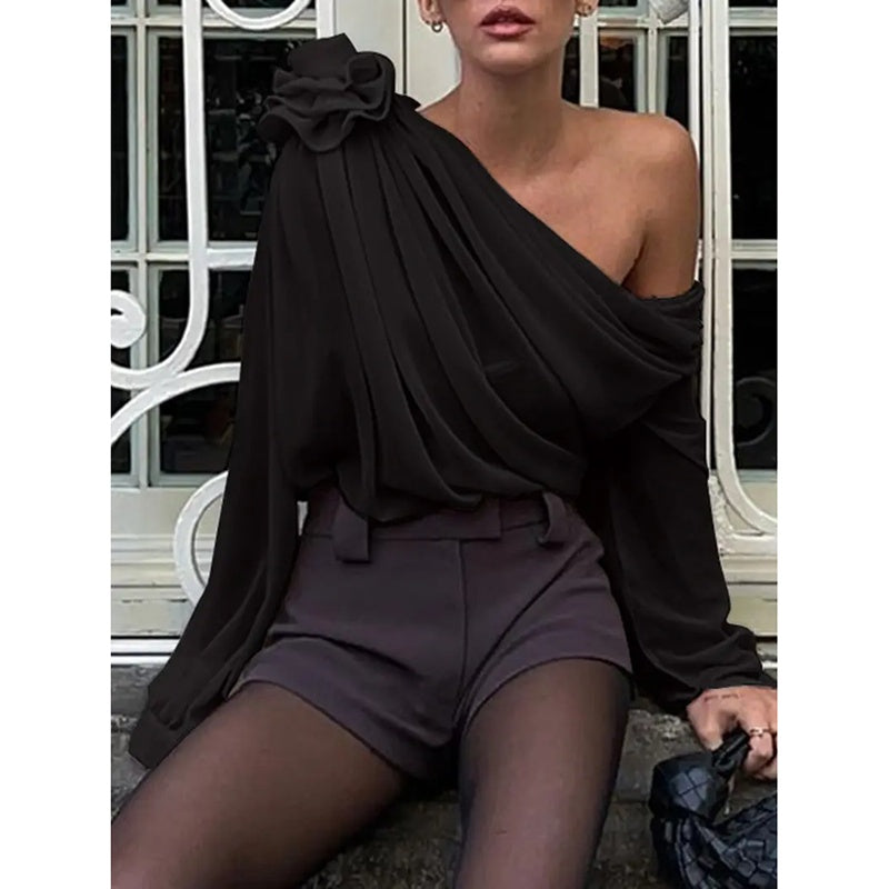 Women's Off Shoulder Tops - Elegant Long Sleeve Asymmetrical Neck Ruched Chiffon Blouse Shirts Going Out Top Y2k Shirts
