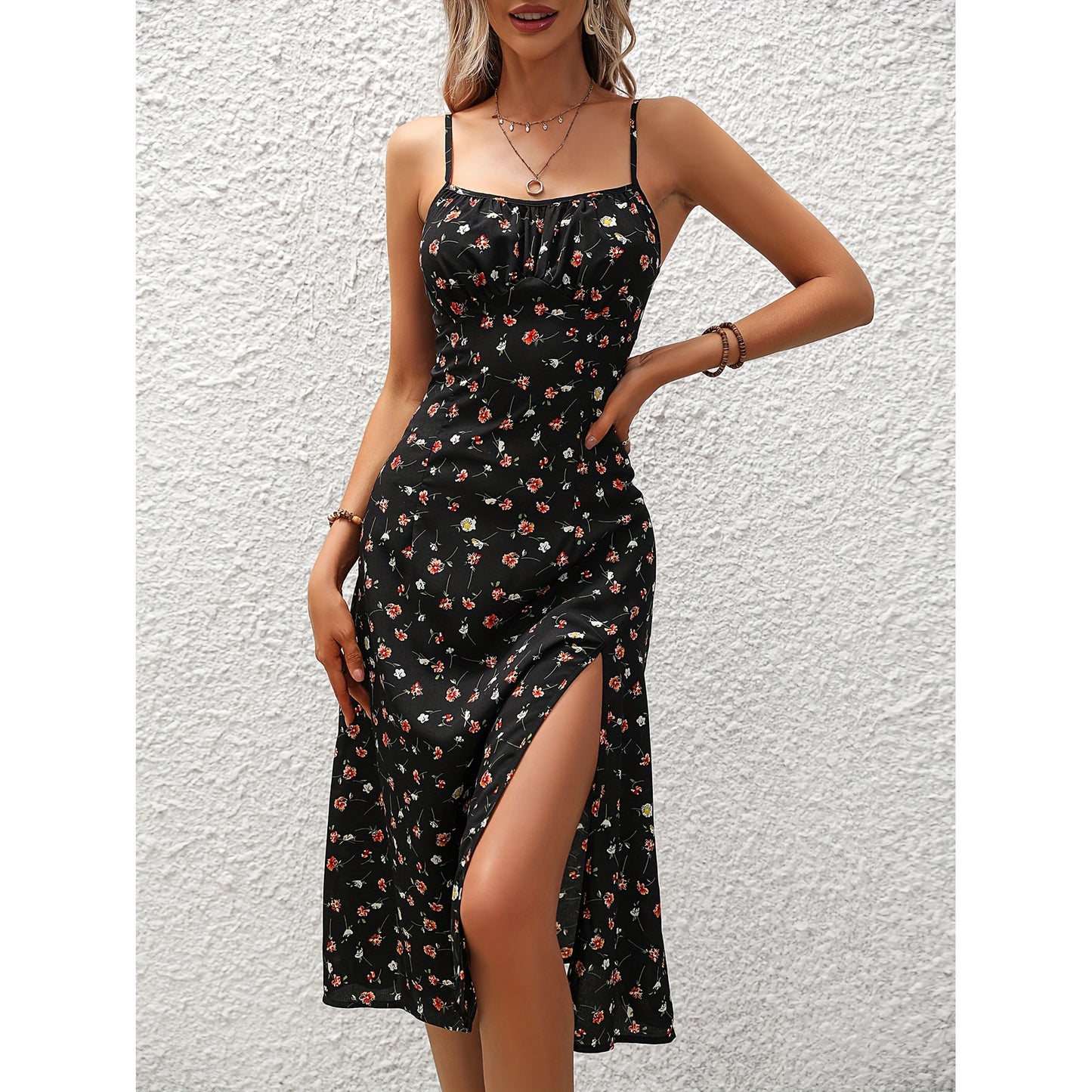 👗Polka Dot Print Suspender Dress – Summer Slit Maxi Dress for Women