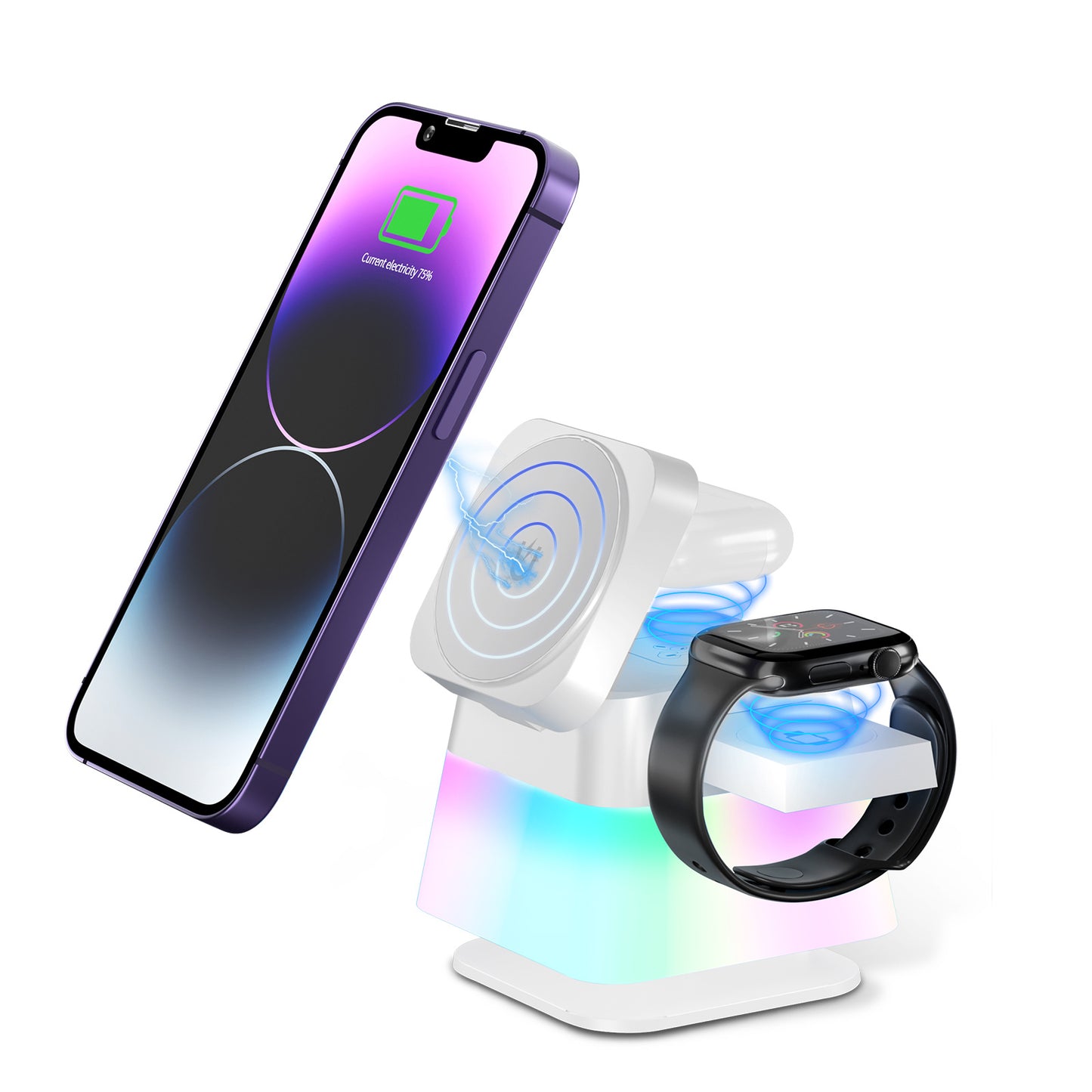 4 In 1 Rotatable Colorful Lighting Wireless Charger Stand For iPhones - 15 14 13 12 Pro Max 8 7 Holder Magnetic Fast Charging Station