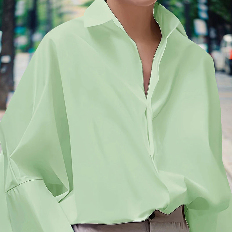 Women's Solid Color Fashion V-Neck Blouse - Puff Sleeve Button-Down Long-sleeved Shirts For Spring & Fall