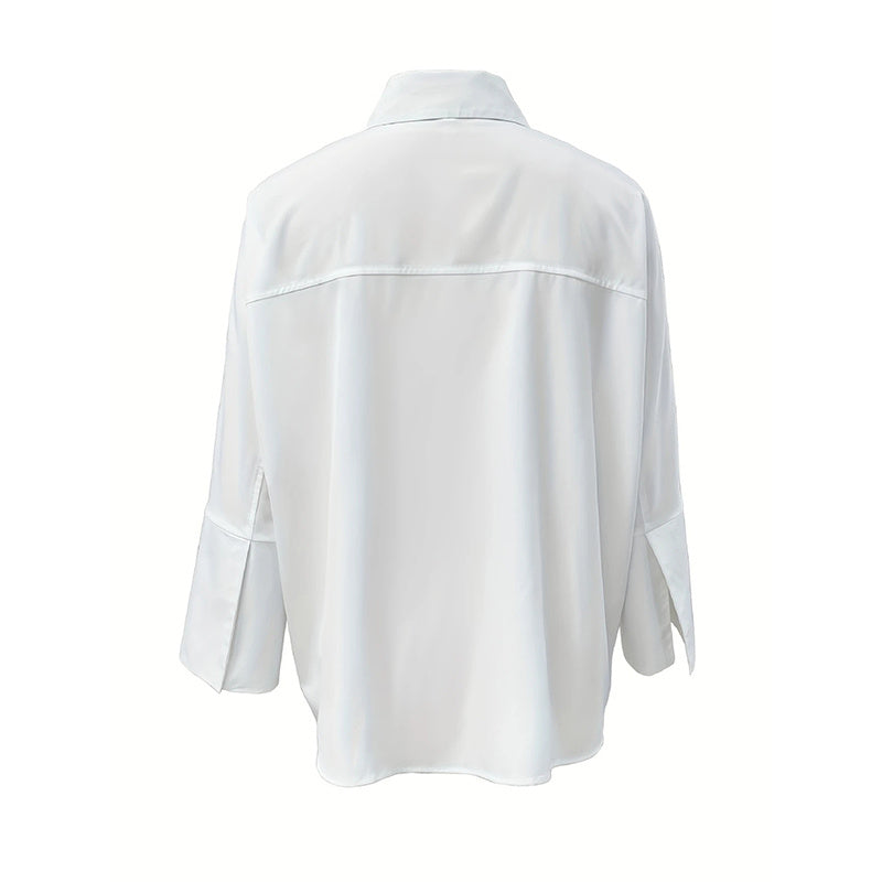 Women's Solid Color Fashion V-Neck Blouse - Puff Sleeve Button-Down Long-sleeved Shirts For Spring & Fall