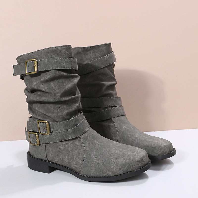 Low Heel Vintage Adjustable Buckle Boots for Women