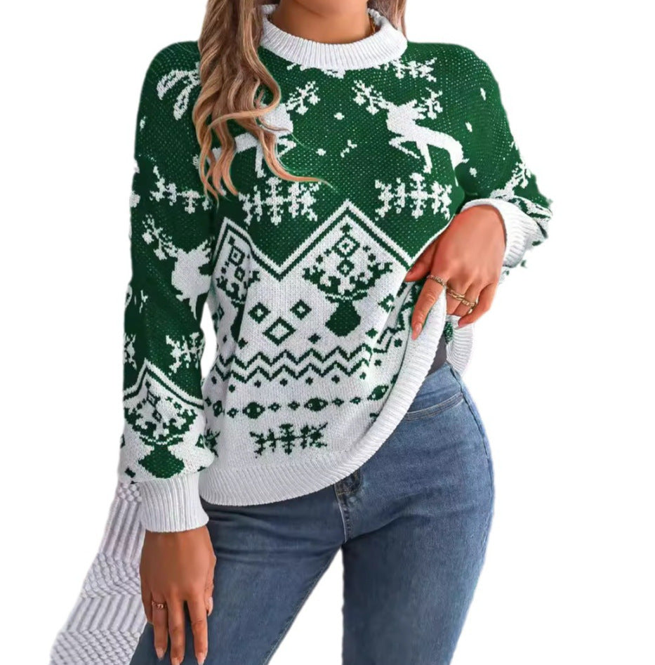 Autumn Winter Casual Deer Pattern Long Sleeve Sweater - Christmas Knitted Pullover Sweatertops