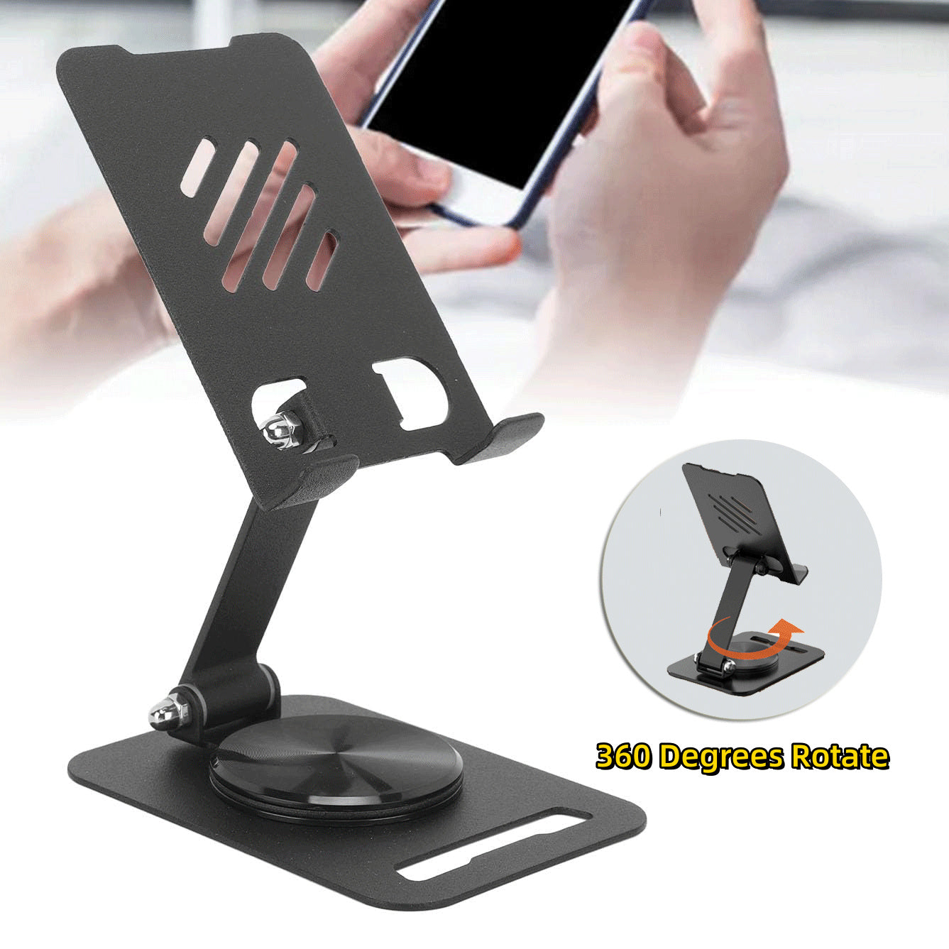 360 Degrees Rotate Metal Desk Mobile Phone Holder Stand - For Phone Pad Adjustable Desktop Tablet Holder Table Cell Phone Stand
