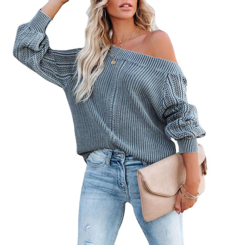 Solid Color Loose V-neck Lantern Long Sleeve Sweater