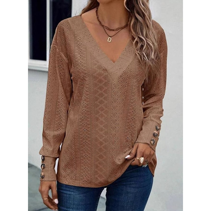 Cute Long Sleeve Eyelet Tops - V Neck Fall Shirts Casual Loose Blouses Trendy Clothes