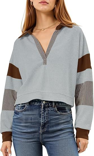 Fashionable Women's Long Sleeve Crop Tops - V Neck Color Block Casual Loose Pullover Cropped Sweatshirt
