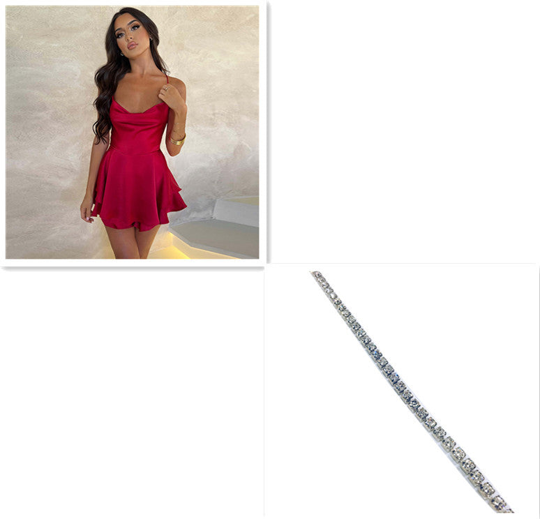 Elegant Suspender Slim Strap Satin Backless Lace Up A-Line Short Dress Lady