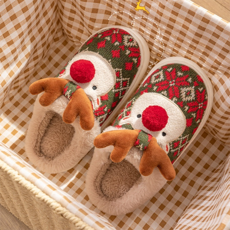 Cute Christmas Elk Plush Slippers - Winter Ins Fashion Non-slip Floor Bedroom Home Slippers For Women