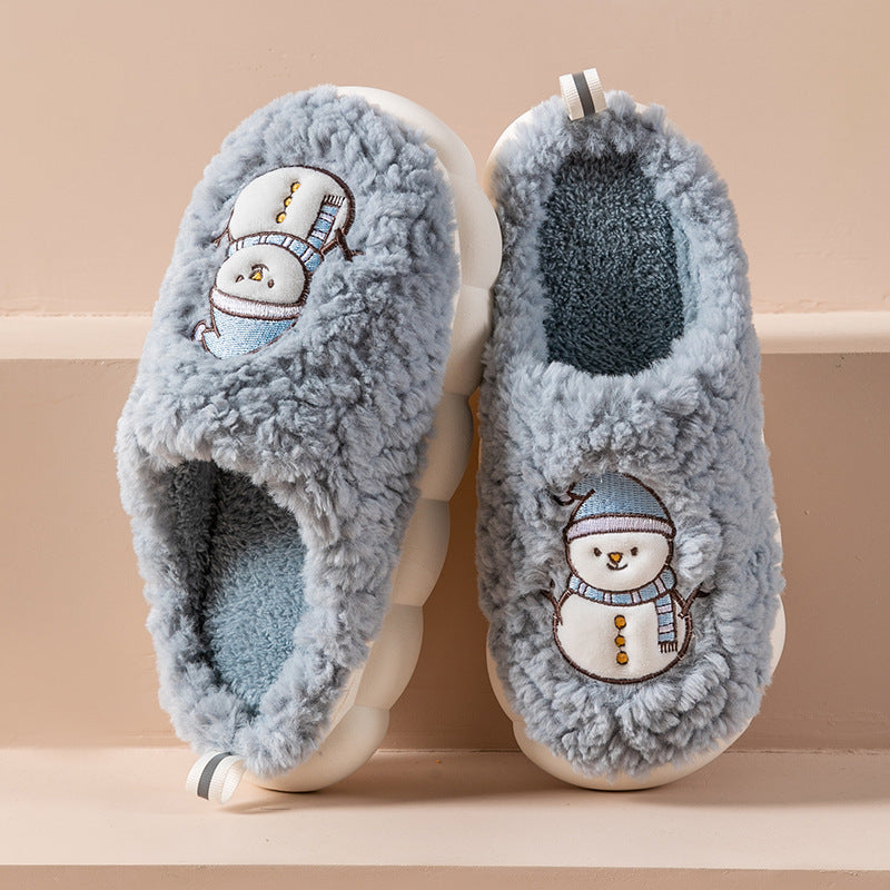 Cute Snowman Slippers -- Winter Indoor Household Warm Plush Thick-Soled Anti-slip Couple Home Slipper Soft Floor Bedroom House Shoes