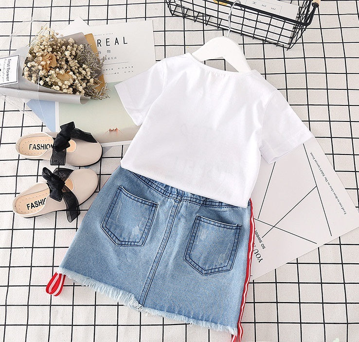 Kids White T-shirt Denim Skirt 2pcs Girls Suits