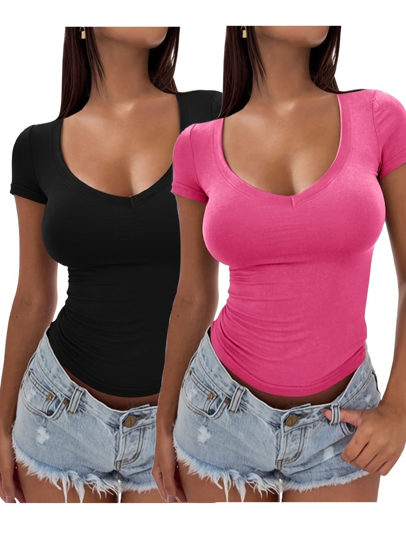 2 Piece Set Of Women's Short Sleeve Y2K Slim Fit Fashion Short Sleeve V-Neck T-Shirt