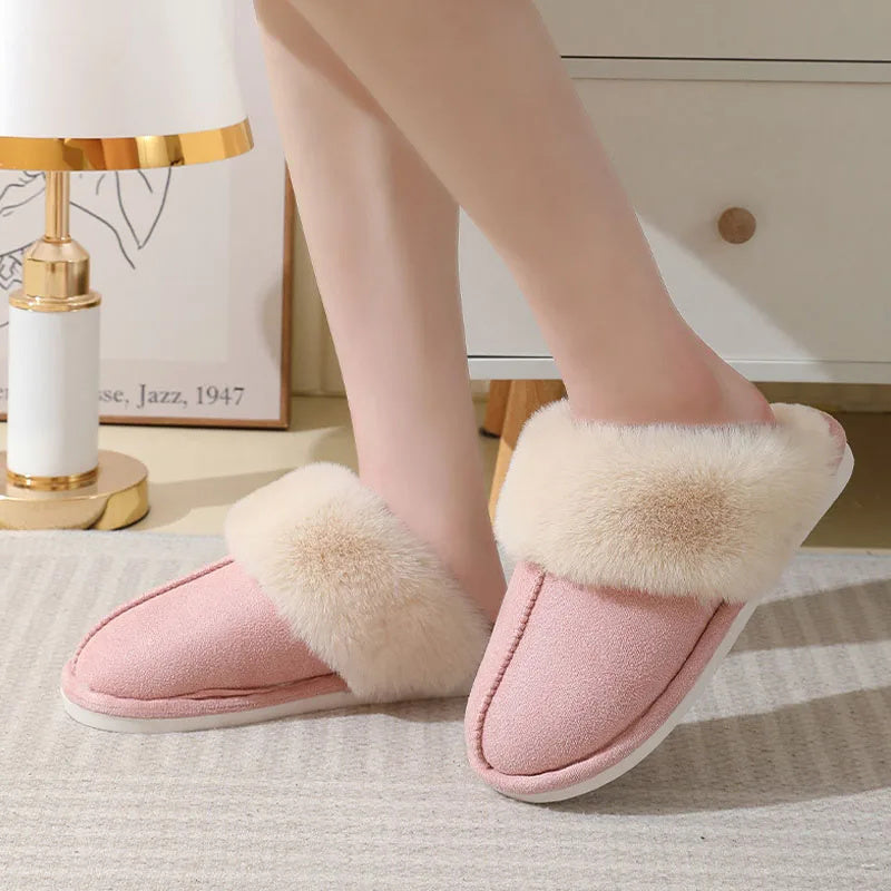 Winter Warm Plush Home Slippers - Indoor Fur Slippers, Women Soft Lined Cotton Shoes