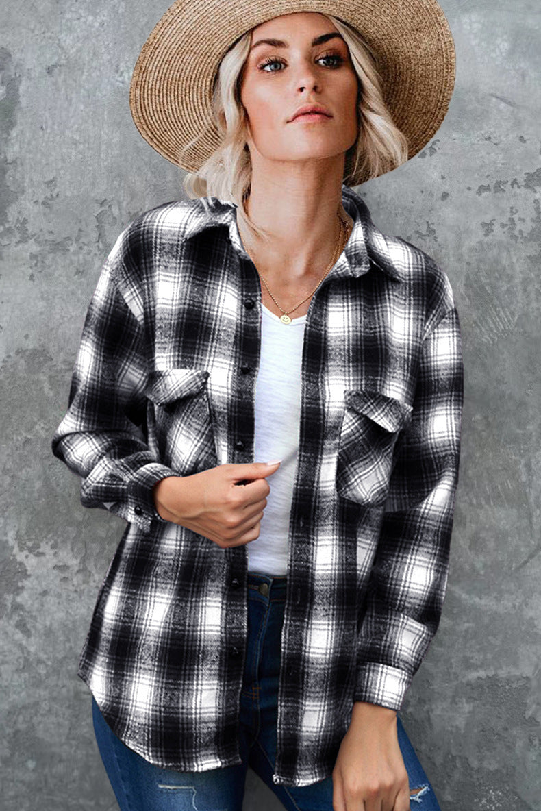 Plaid Spring Mid-length Loose Blouse - Turndown Collar Shirt Clothing