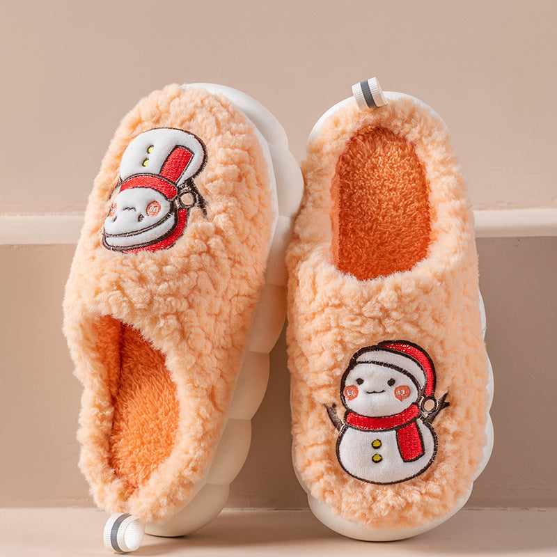 Cute Snowman Slippers -- Winter Indoor Household Warm Plush Thick-Soled Anti-slip Couple Home Slipper Soft Floor Bedroom House Shoes