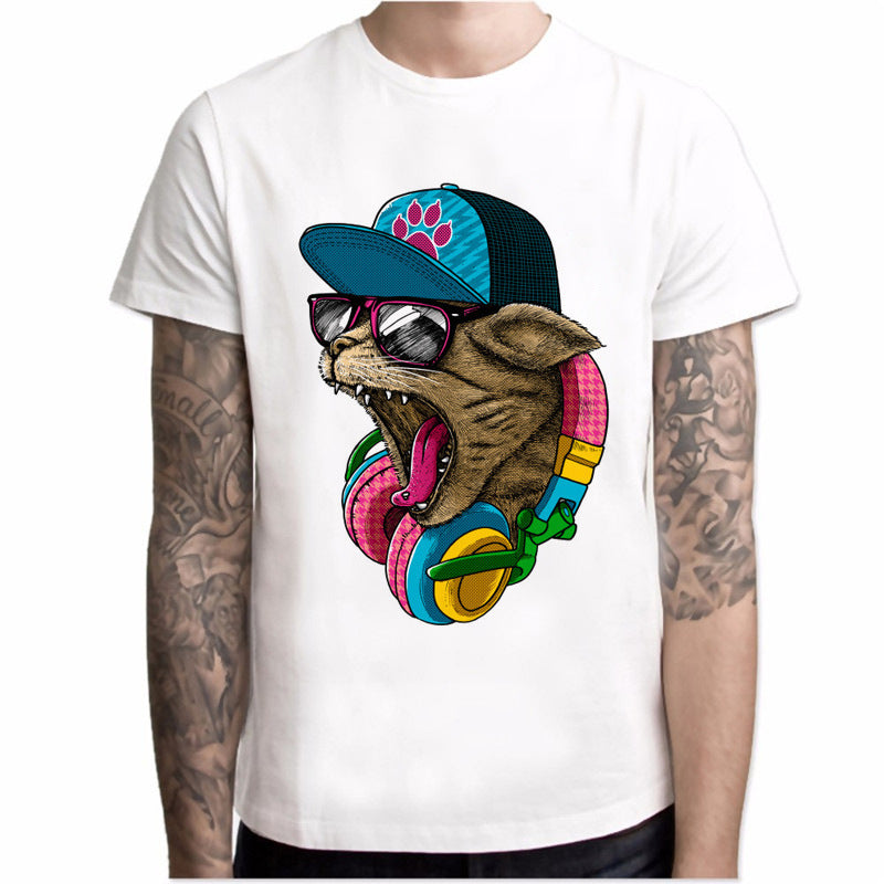 Men's Fashion Short Sleeve Crazy DJ Cat Shirt