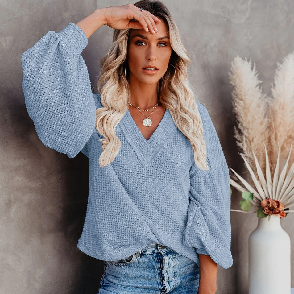 Fashion loose V-neck T-shirt - Lantern Sleeve Top