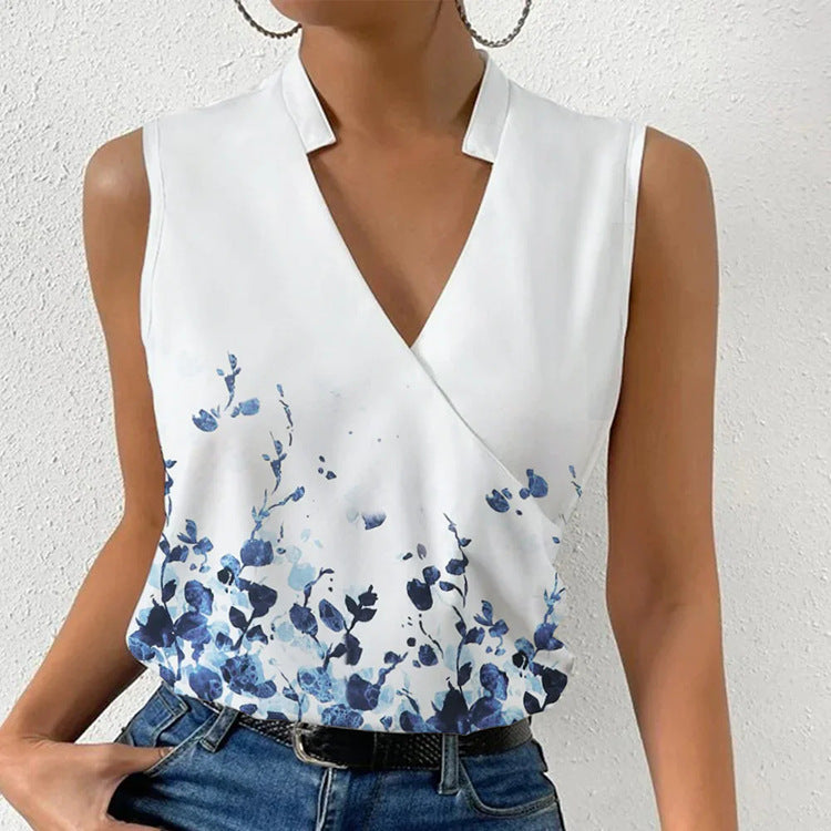 Casual Printed Summer V-neck Sleeveless Top - T-shirt Womens Clothing