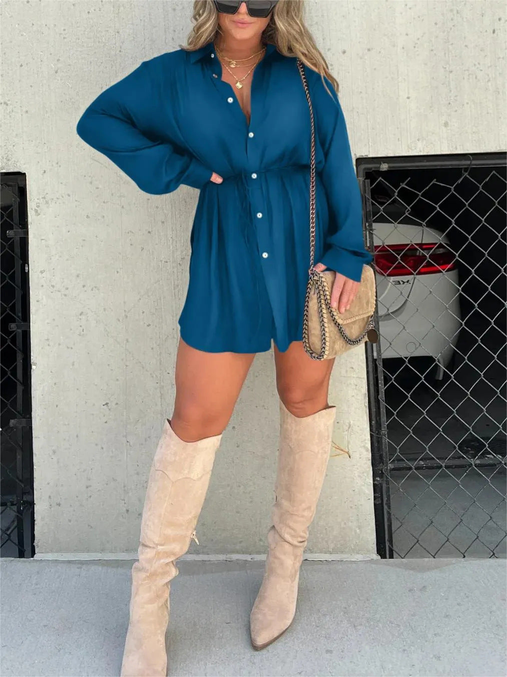 Women's Long Sleeve Long Button Down Shirt - Fashion Shirt Dress