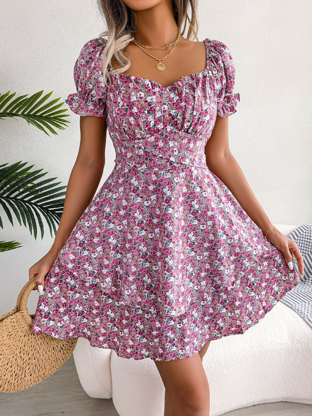 Women Mini Dress - Temperament Big Swing Loose Hem Flower Print Shirring Dress Up Short Sleeves High Waist Summer Dress Clothes