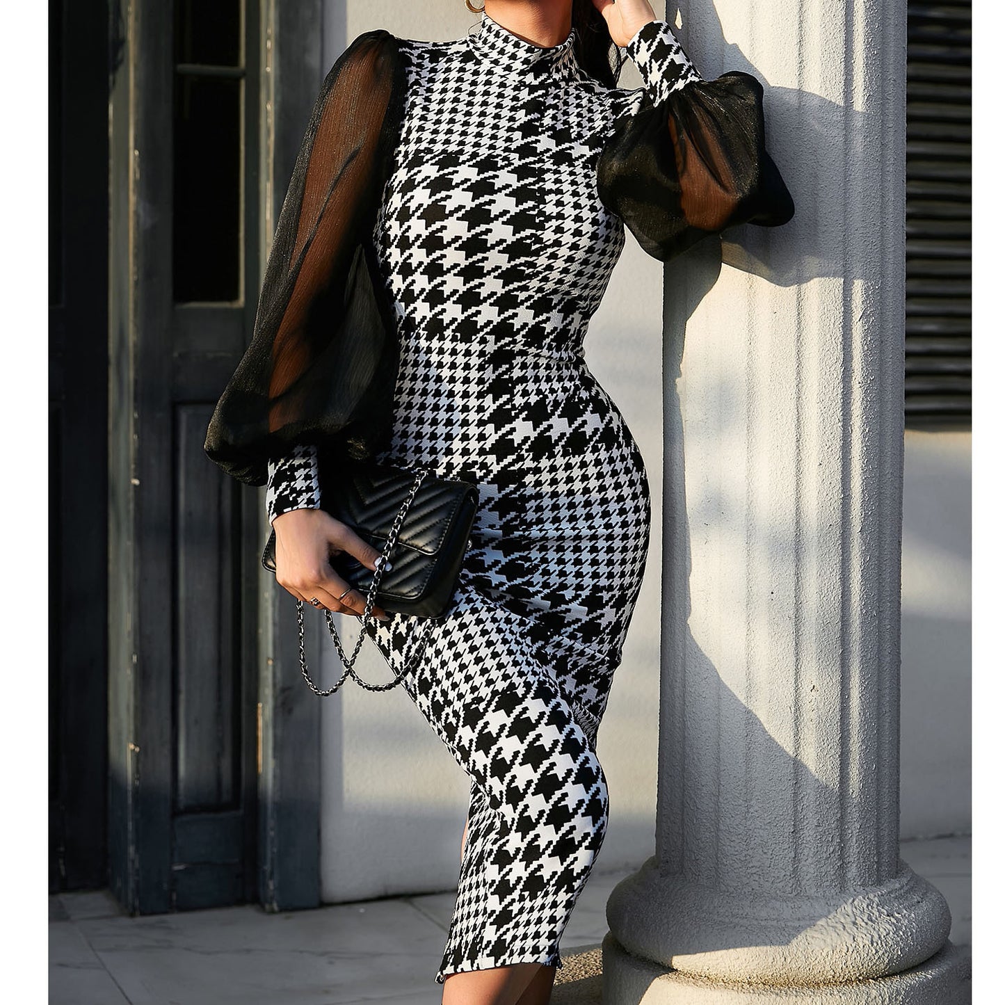 Elegant Women's Houndstooth Bodycon Dress with Sheer Mesh Sleeves – Bold, Chic & Classy! Women's Dresses, Mesh Sleeves Dress - JumoShop