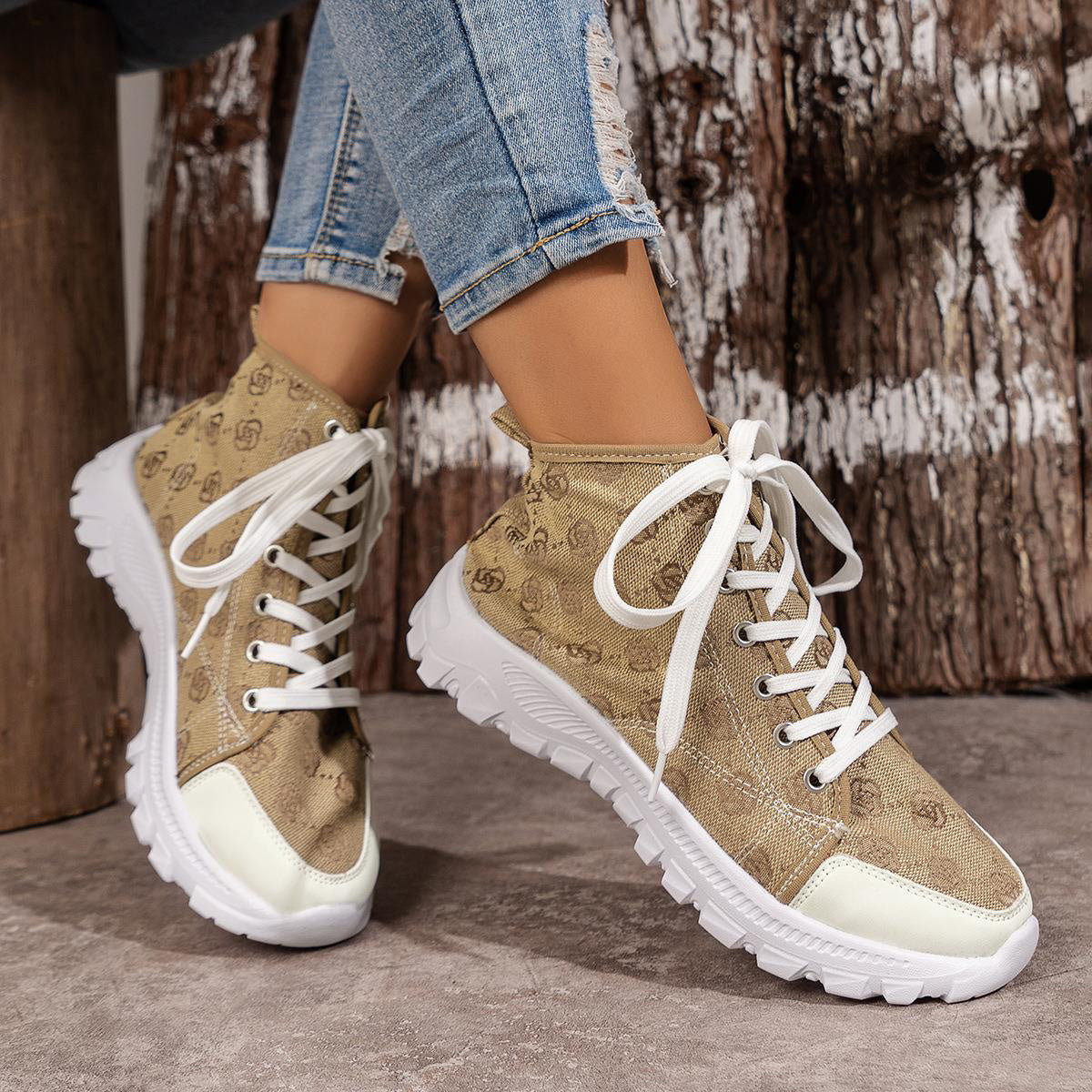 Rose-printed Lace-up Boots For Women