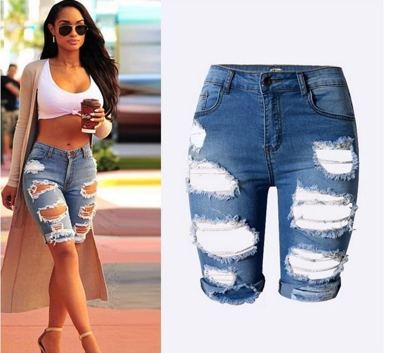 High Waist Roll-up Demin Shorts - Middle Pants Street Fashion