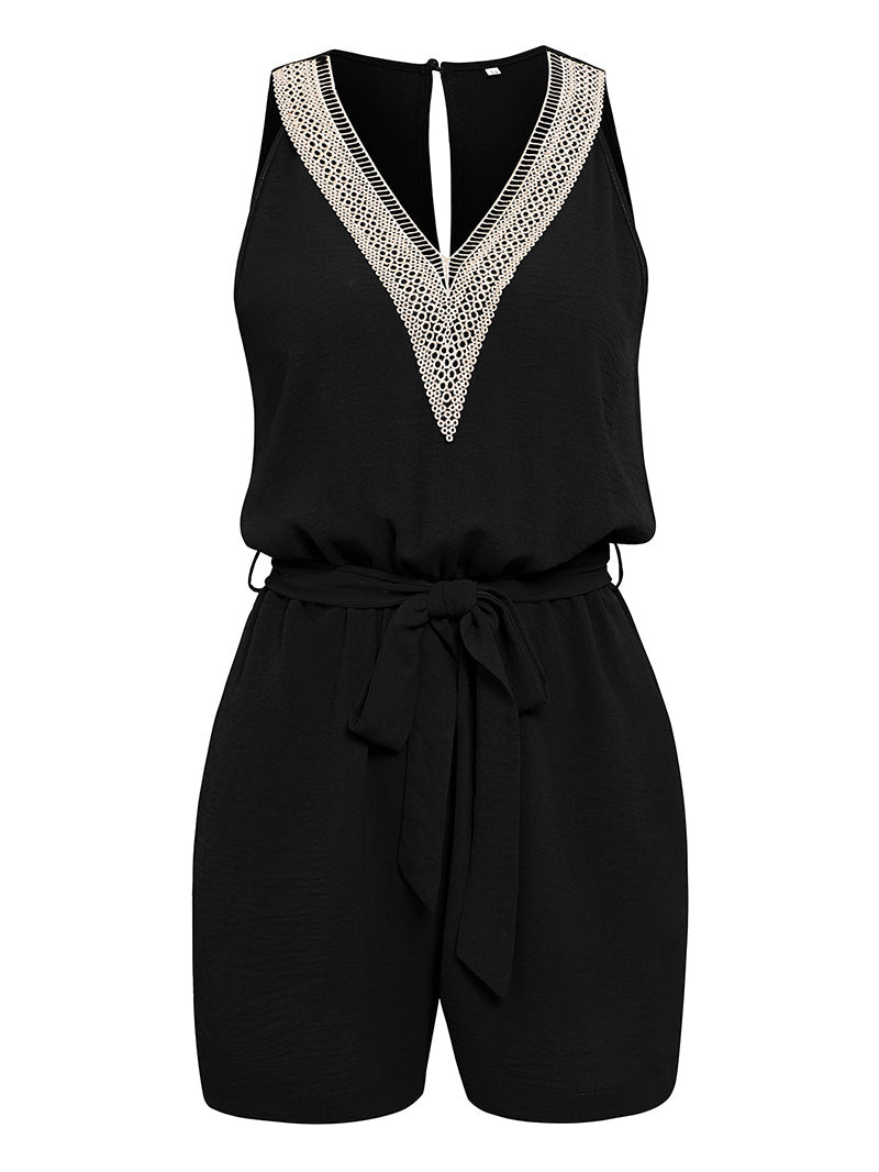 Casual Lace V-neck Sleeveless Jumpsuit - Tie-up Shorts Summer Beach Clothes