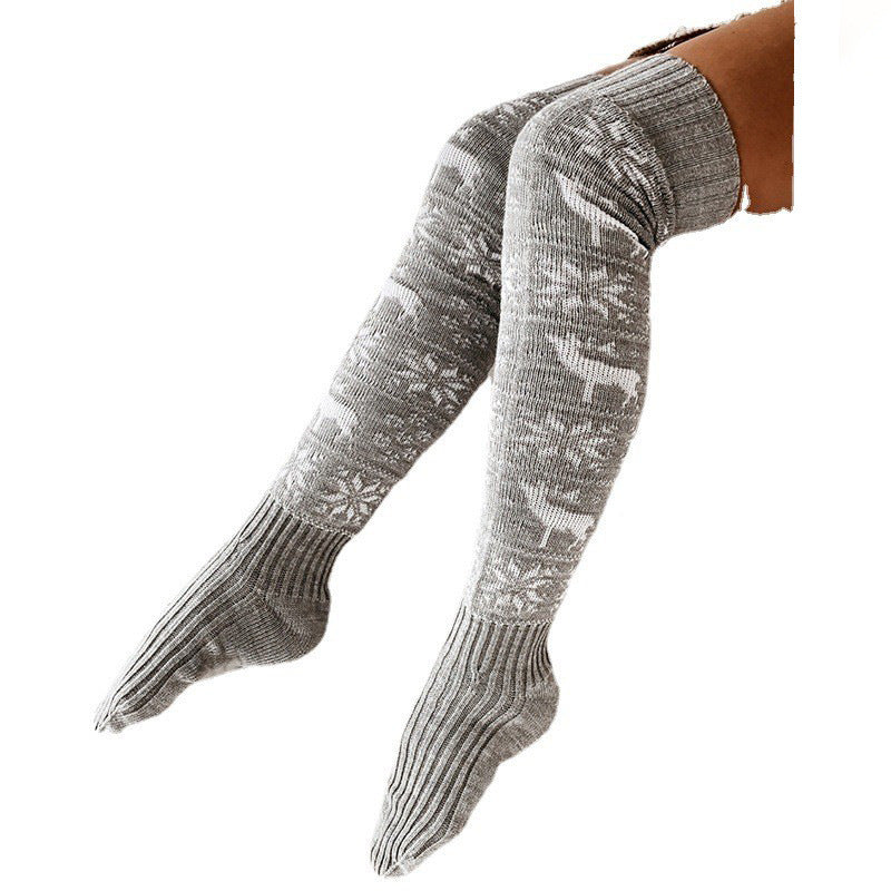 Winter Christmas Warm Knitted Women Stocking - Beautiful Elk Snowflake Jacquard Over-the-knee Casual Long Socks For Ladies Gifts Free Size