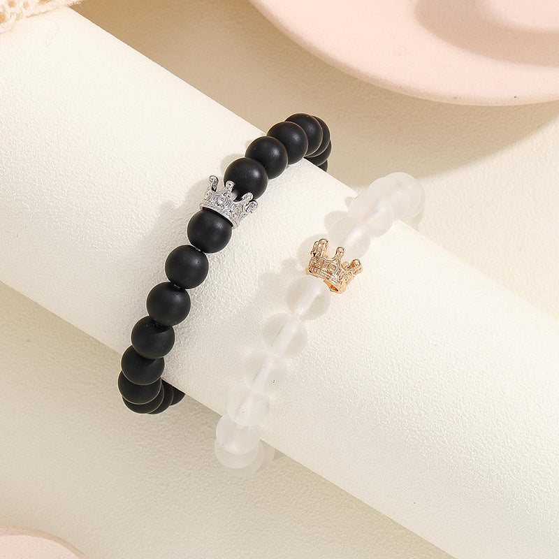 2pcs Handmade Crown Beaded Charms Bracelet - Luminous Heart Glow In The Dark Couple Bracelet For Lover Men Women Fluorescent Gift