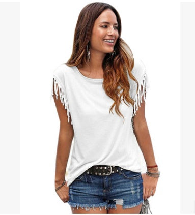 Round Neck Short Sleeve Cuffs Tassel T-shirt